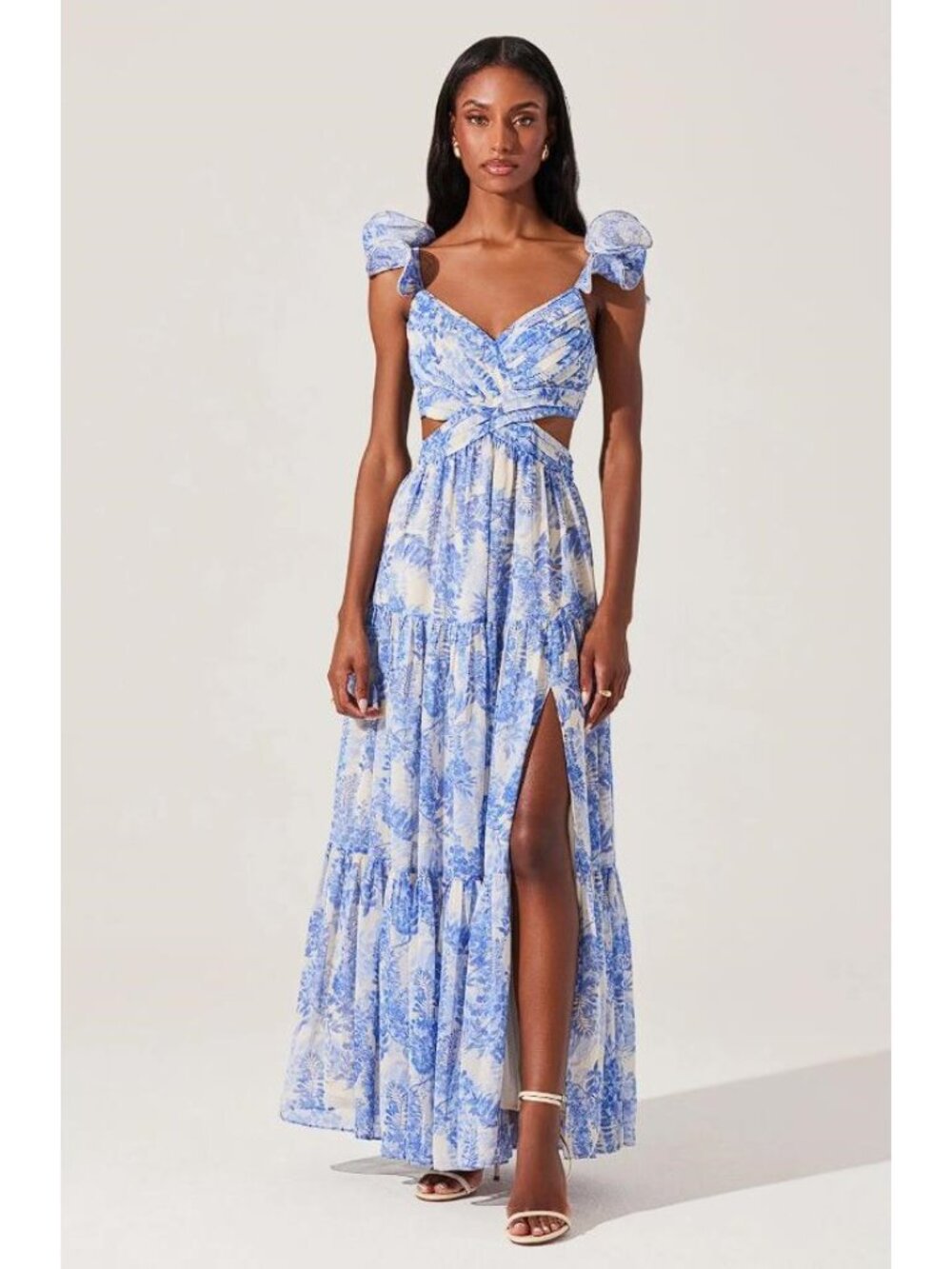 Astr Blue and White Floral Cutout Maxi Dress